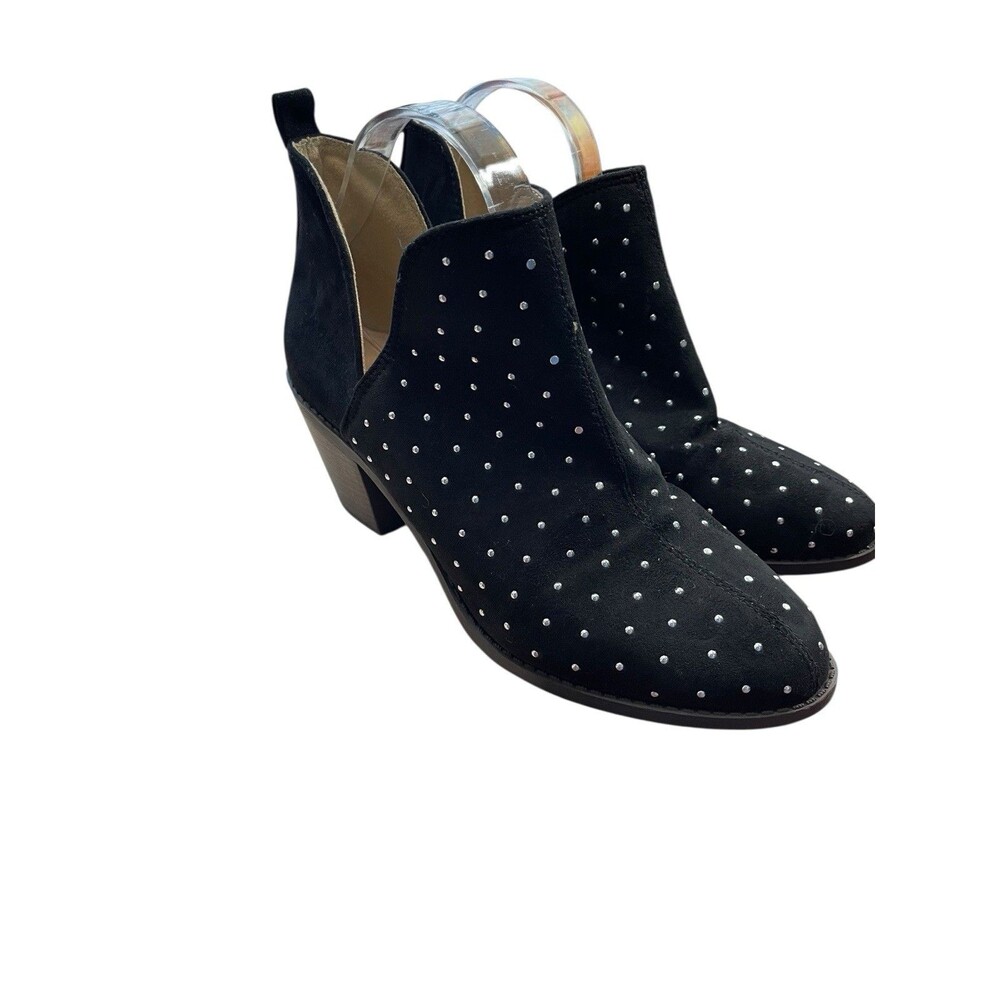 Women’s Booties Mata Faux Suede Black With Silver Studs Chunky Heel Size 9